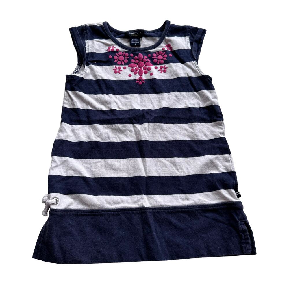 Nautica Girls Blue Stripe Floral Dress - Size 7